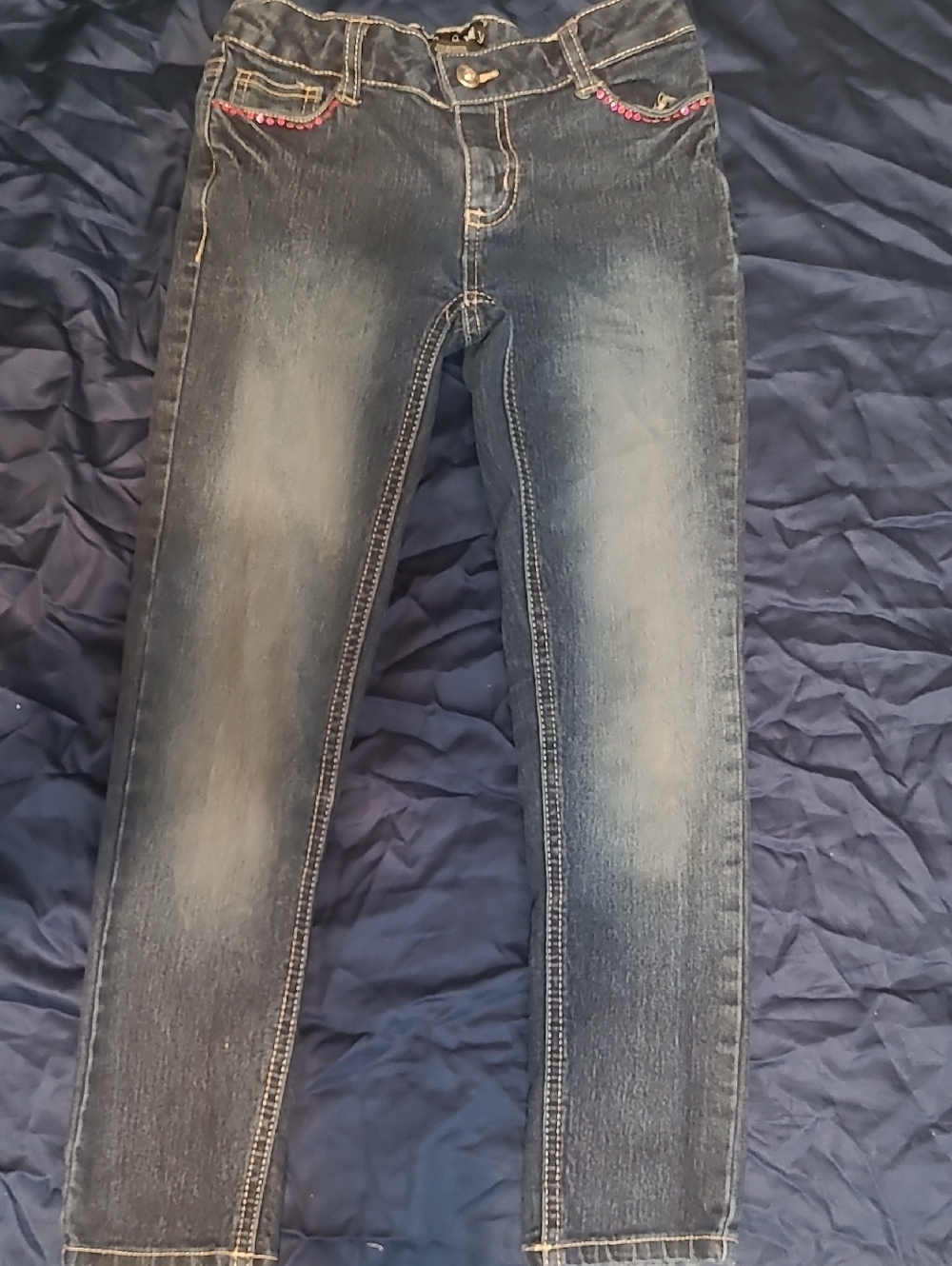 eye candy Slim Skinny Jeans in Dark Blue with Pink Bead Detail